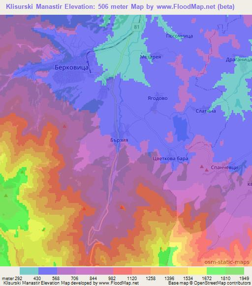 Klisurski Manastir,Bulgaria Elevation Map