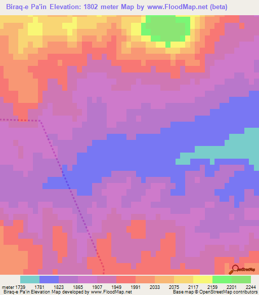 Biraq-e Pa'in,Iran Elevation Map