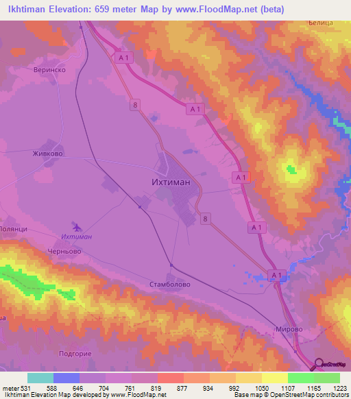 Ikhtiman,Bulgaria Elevation Map