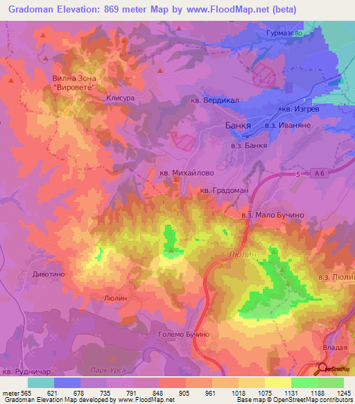 Gradoman,Bulgaria Elevation Map