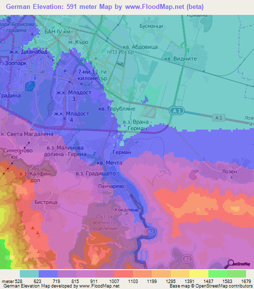 German,Bulgaria Elevation Map