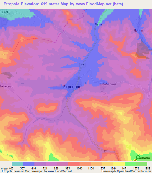 Etropole,Bulgaria Elevation Map