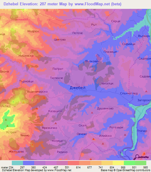 Dzhebel,Bulgaria Elevation Map