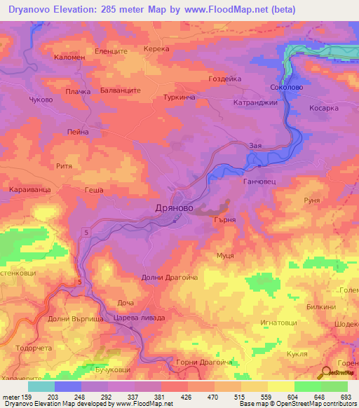 Dryanovo,Bulgaria Elevation Map