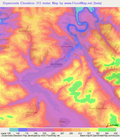 Dryanovets,Bulgaria Elevation Map