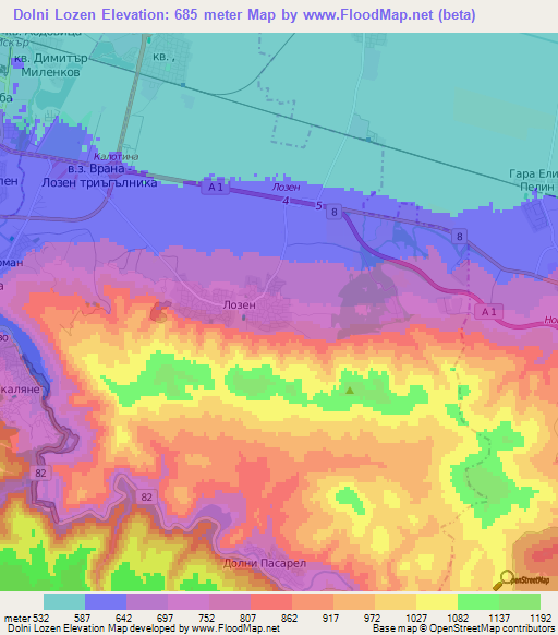 Dolni Lozen,Bulgaria Elevation Map