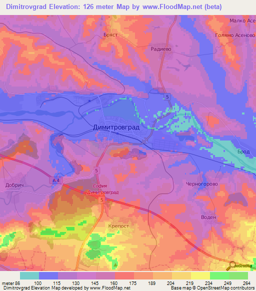 Dimitrovgrad,Bulgaria Elevation Map