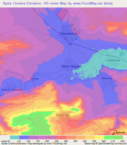 Byala Cherkva,Bulgaria Elevation Map