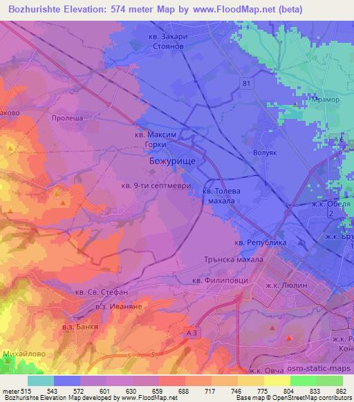 Bozhurishte,Bulgaria Elevation Map
