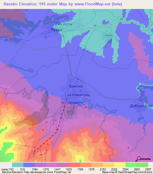 Bansko,Bulgaria Elevation Map