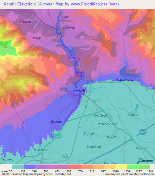 Xanthi,Greece Elevation Map