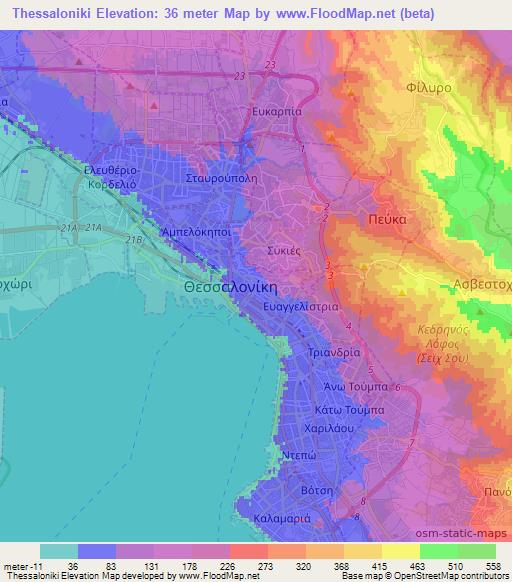 Thessaloniki,Greece Elevation Map