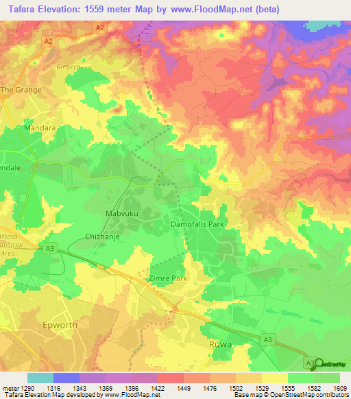 Tafara,Zimbabwe Elevation Map