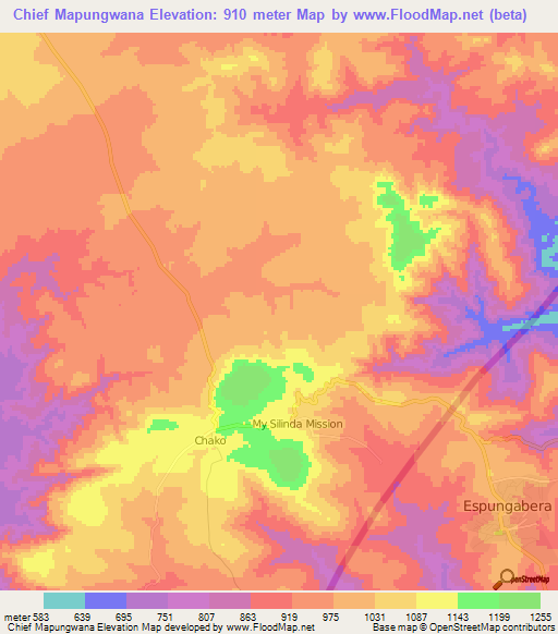 Chief Mapungwana,Zimbabwe Elevation Map