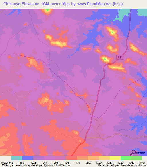 Chikonye,Zimbabwe Elevation Map