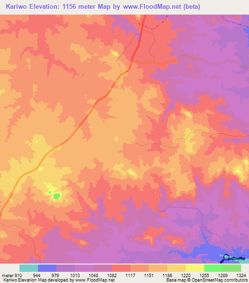 Kariwo,Zimbabwe Elevation Map