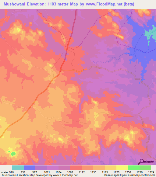 Mushowani,Zimbabwe Elevation Map
