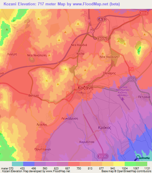 Kozani,Greece Elevation Map