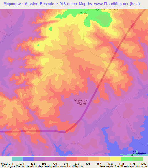 Mapangwe Mission,Zimbabwe Elevation Map
