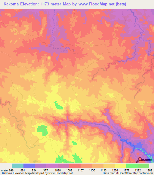 Kakoma,Zimbabwe Elevation Map