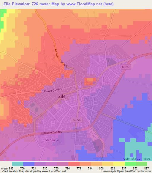 Zile,Turkey Elevation Map