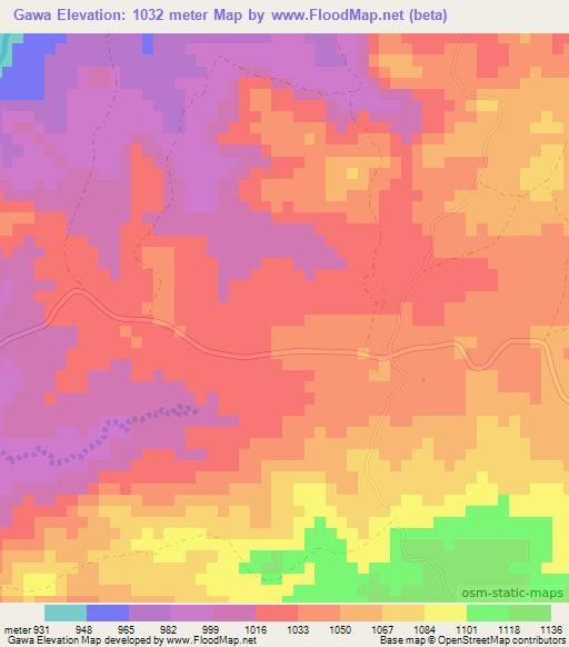 Gawa,Zimbabwe Elevation Map