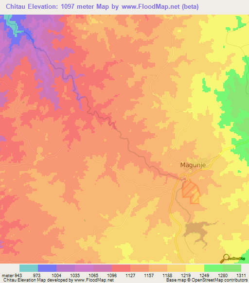 Chitau,Zimbabwe Elevation Map
