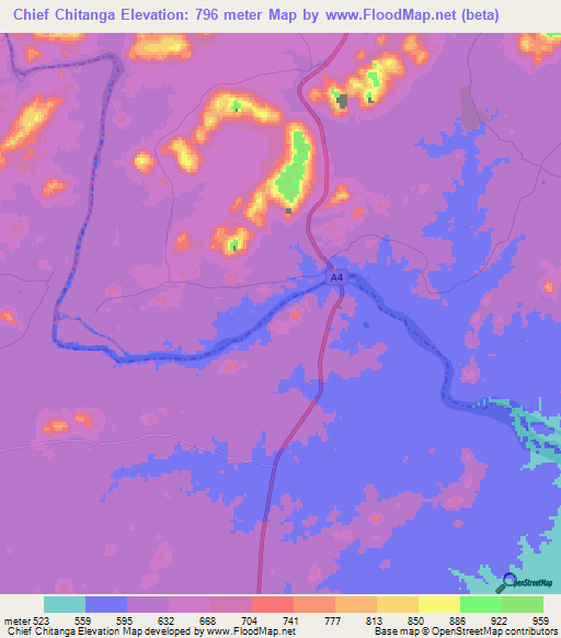 Chief Chitanga,Zimbabwe Elevation Map