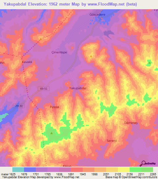 Yakupabdal,Turkey Elevation Map
