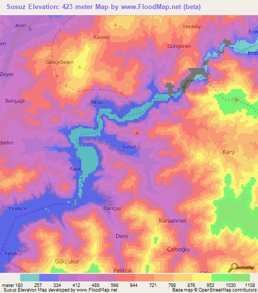 Susuz,Turkey Elevation Map