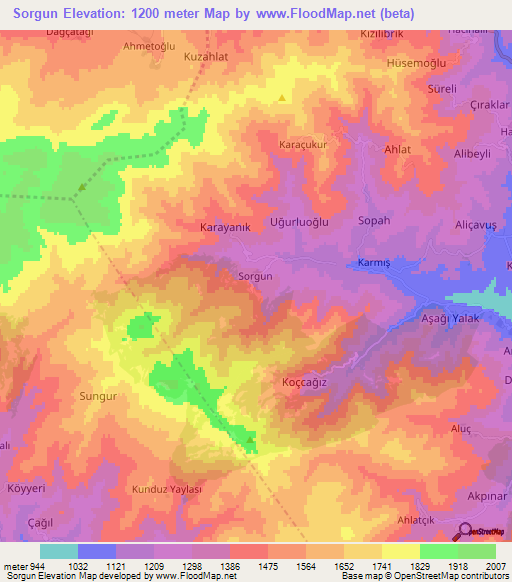 Sorgun,Turkey Elevation Map