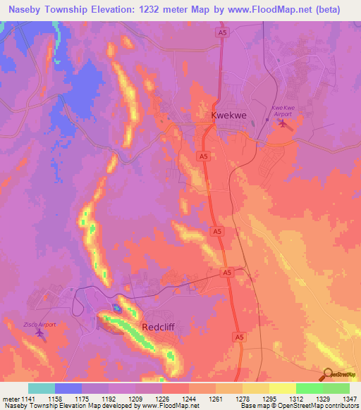 Naseby Township,Zimbabwe Elevation Map