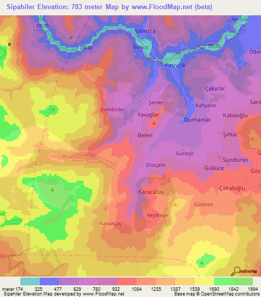 Sipahiler,Turkey Elevation Map