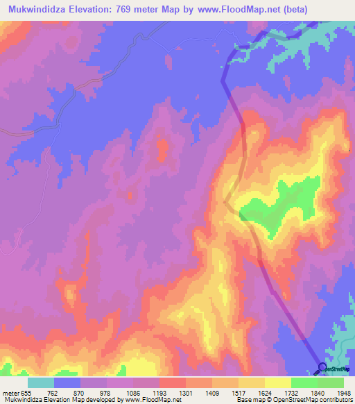 Mukwindidza,Zimbabwe Elevation Map