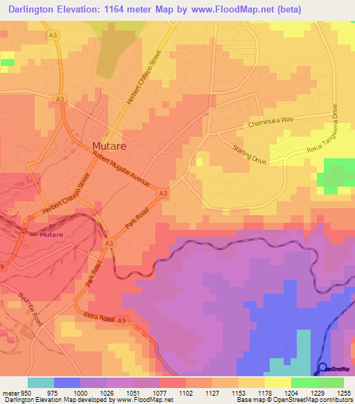 Darlington,Zimbabwe Elevation Map