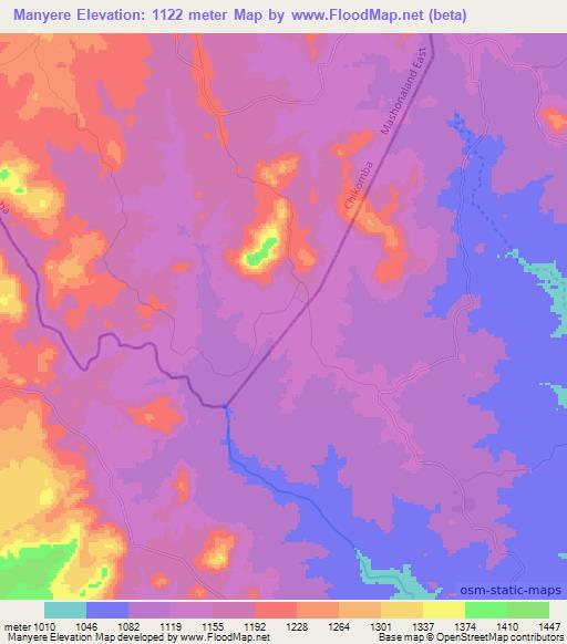 Manyere,Zimbabwe Elevation Map