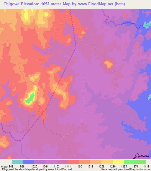 Chigowe,Zimbabwe Elevation Map