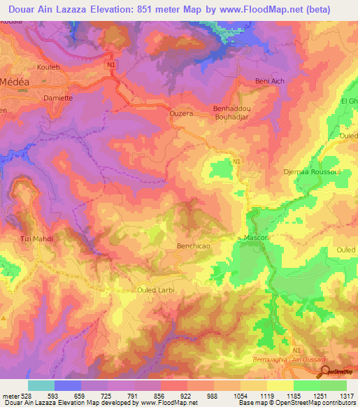 Douar Ain Lazaza,Algeria Elevation Map