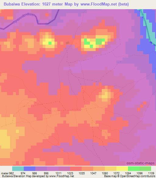 Bubaiwa,Zimbabwe Elevation Map