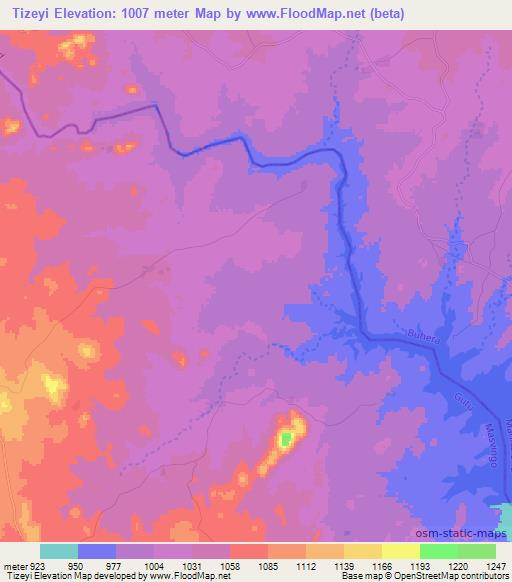 Tizeyi,Zimbabwe Elevation Map
