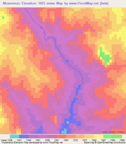 Musevenzo,Zimbabwe Elevation Map