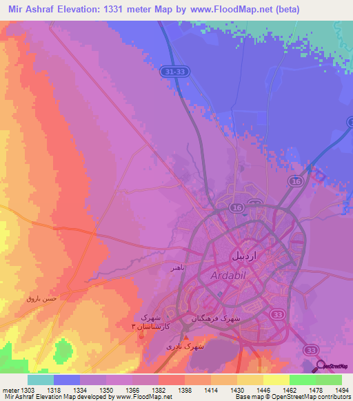 Mir Ashraf,Iran Elevation Map