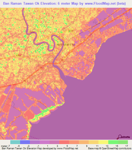 Ban Raman Tawan Ok,Thailand Elevation Map