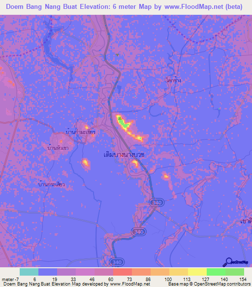 Doem Bang Nang Buat,Thailand Elevation Map
