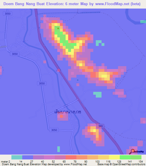 Doem Bang Nang Buat,Thailand Elevation Map