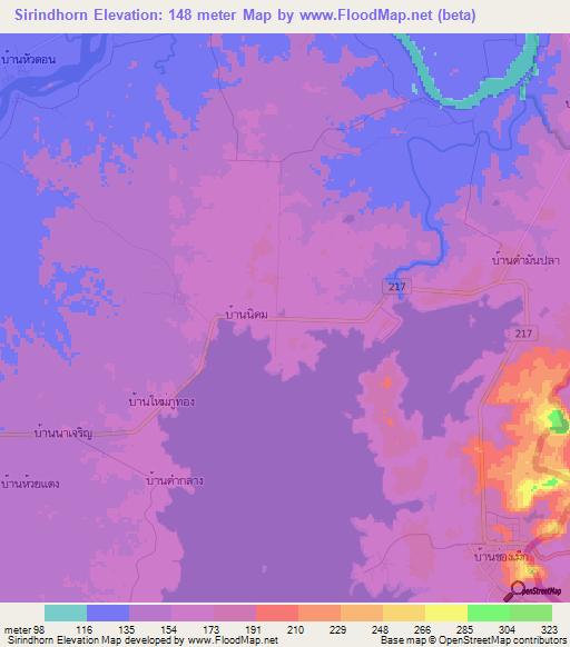 Sirindhorn,Thailand Elevation Map