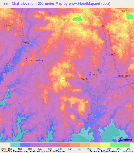 Sam Chai,Thailand Elevation Map