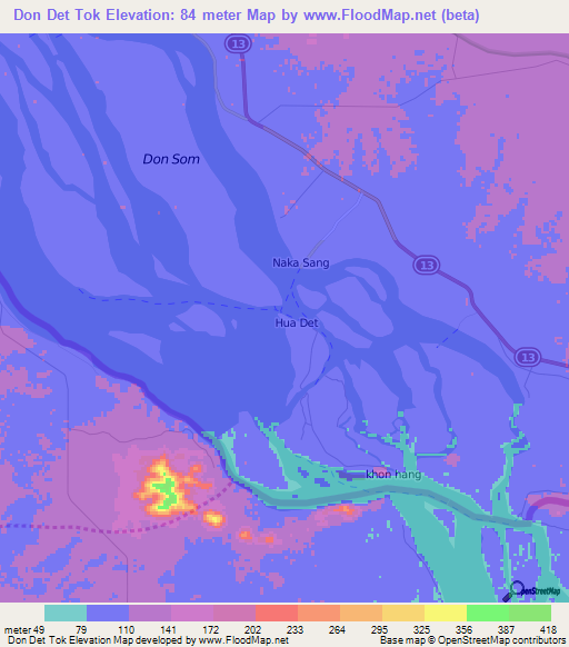 Don Det Tok,Laos Elevation Map