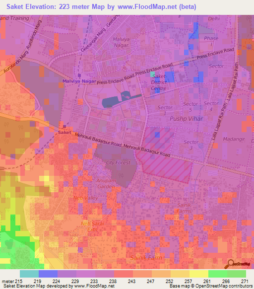 Saket,India Elevation Map