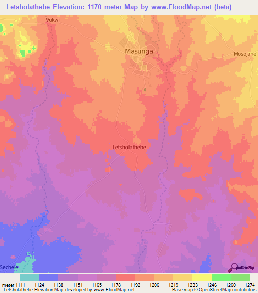 Letsholathebe,Botswana Elevation Map